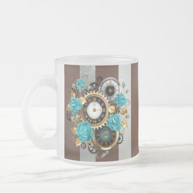 Tasse Givré Steampunk Clock and Turquoise Roses on Striped (Gauche)