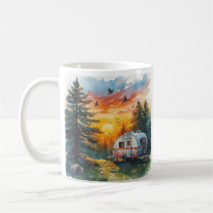 Tasse Illustration Caravane Camping au Coucher du