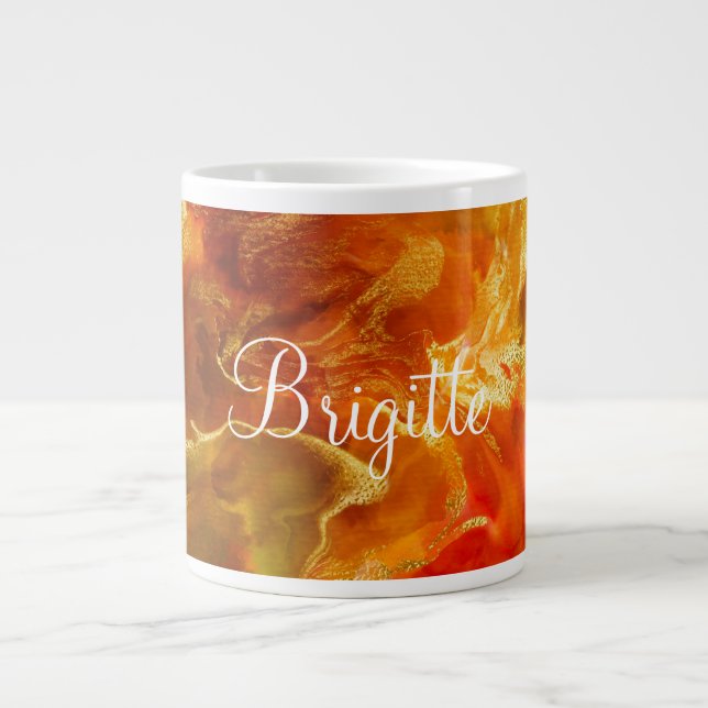 Tasse imprimée à l'encre marbrée rouge, orange, or (Devant)
