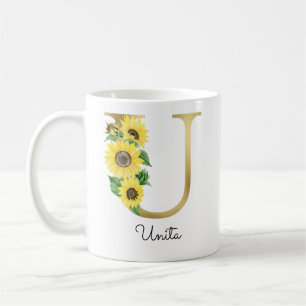 Tasse initiale de tournesol floral or monogrammé U