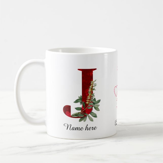 Tasse initiale florale à cœur rouge élégant J (Gauche)