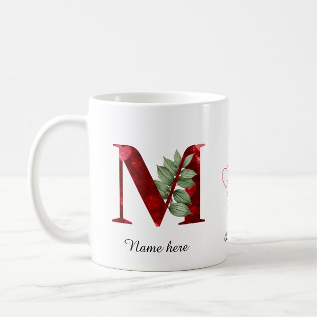Tasse initiale florale à cœur rouge élégant M (Gauche)