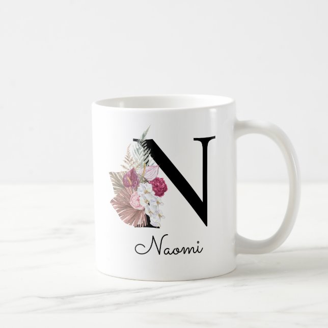 Tasse initiale florale boho rose personnalisée N (Droite)