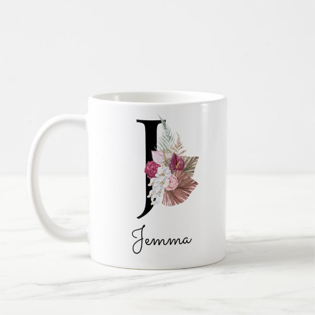 Tasse initiale florale rose monogrammée J (Gauche)