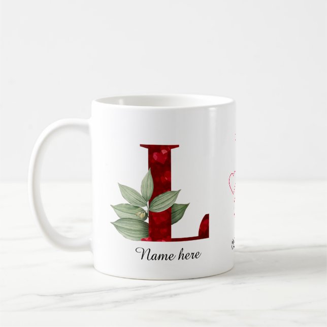 Tasse initiale L florale à cœur rouge élégant (Gauche)