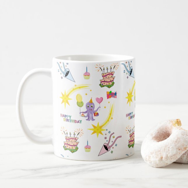 Tasse Joyeux Anniversaire Cupcake Pieuvre Violette (Avec donut)