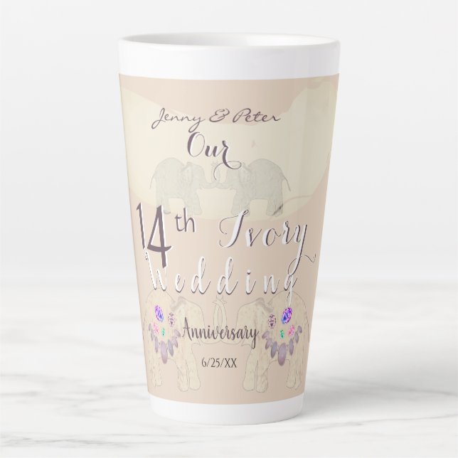 Tasse Latte 14th Ivory Wedding Anniversary Elephants & Opals   (Devant)