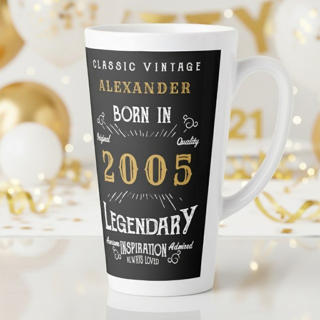 Tasse Latte 21e anniversaire 2005 Legend Retro (2005 birthday latter mug on a white and gold background.)