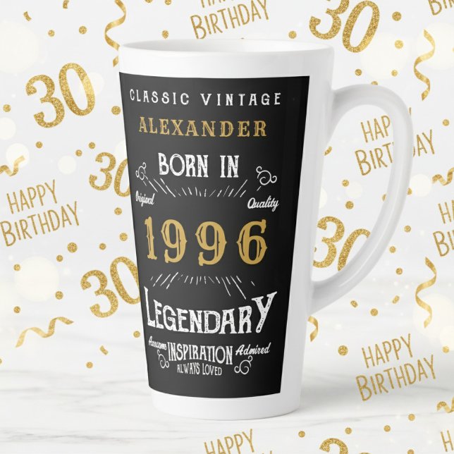Tasse Latte 30e Anniversaire 1996 Legendaire Rétro (1996 latte mug on a white and gold background)