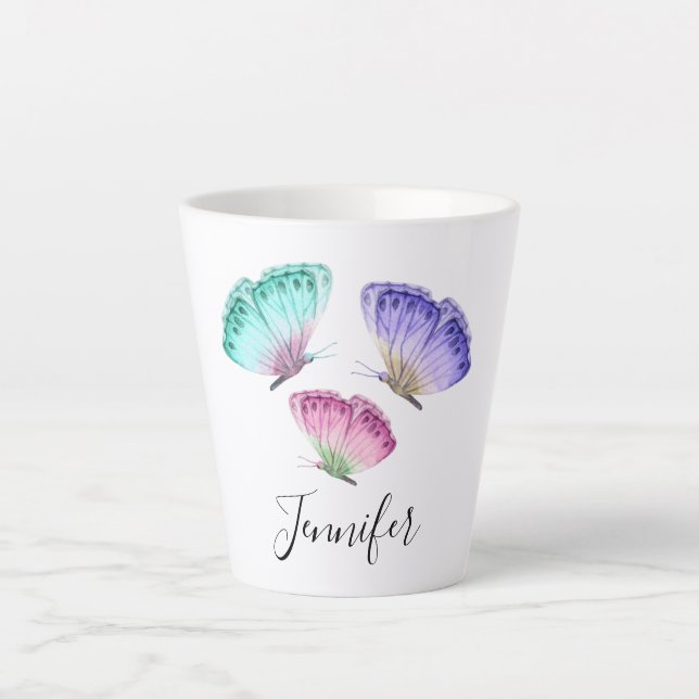 Tasse Latte 3 Jolies papillons d'aquarelle Pastel (Devant)