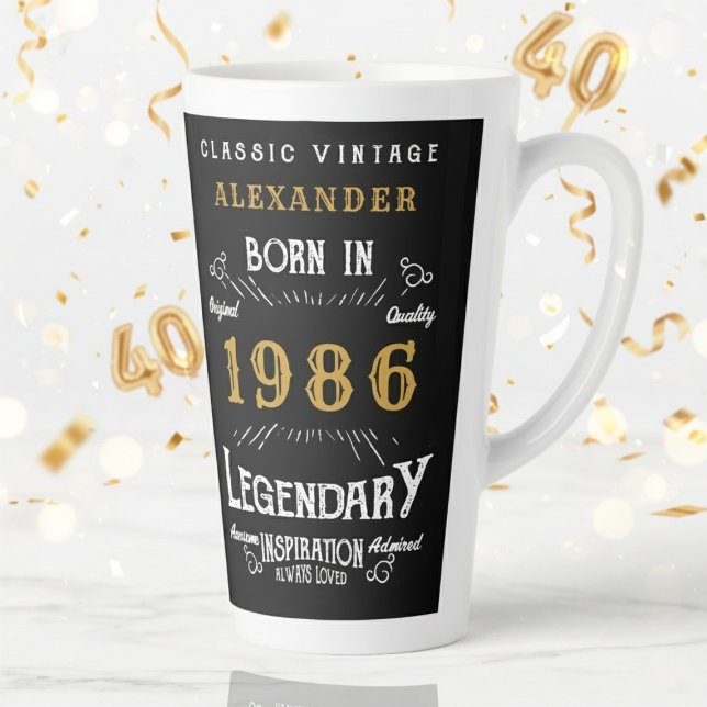 Tasse Latte 40e anniversaire 1986 Legend Retro (1986 latte mug on a white and gold background)