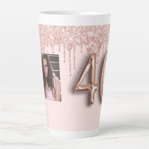 Tasse Latte 40e anniversaire photo rose or parties scintillant
