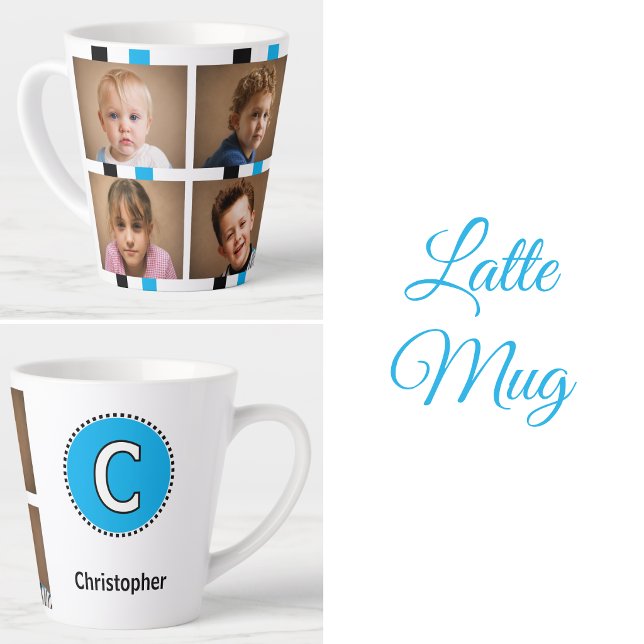 Tasse Latte 4 nom initial photo noir bleu (Créateur téléchargé)
