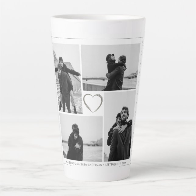 Tasse Latte 4 Photo Collage Mariage Anniversaire Nom et date (Devant)
