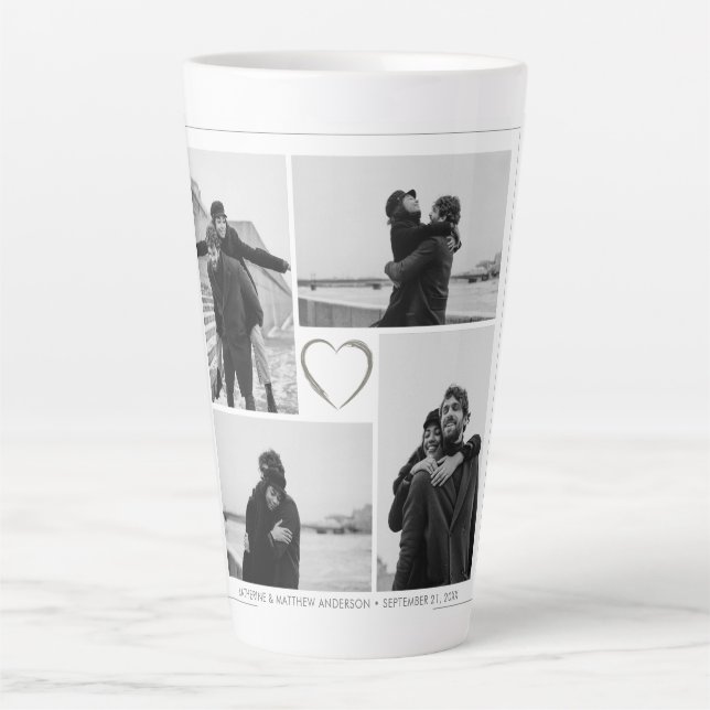 Tasse Latte 4 Photo Collage Mariage Anniversaire Nom et date (Devant)