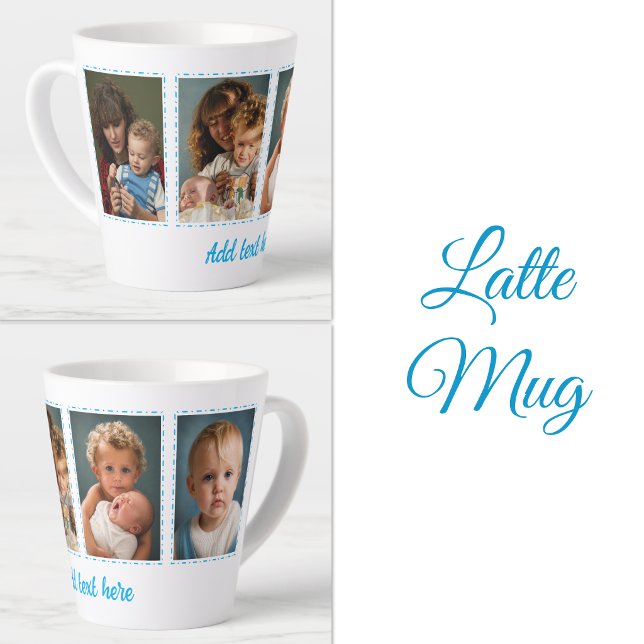 Tasse Latte 4 photos ajoutez texte blanc bleu (Créateur téléchargé)