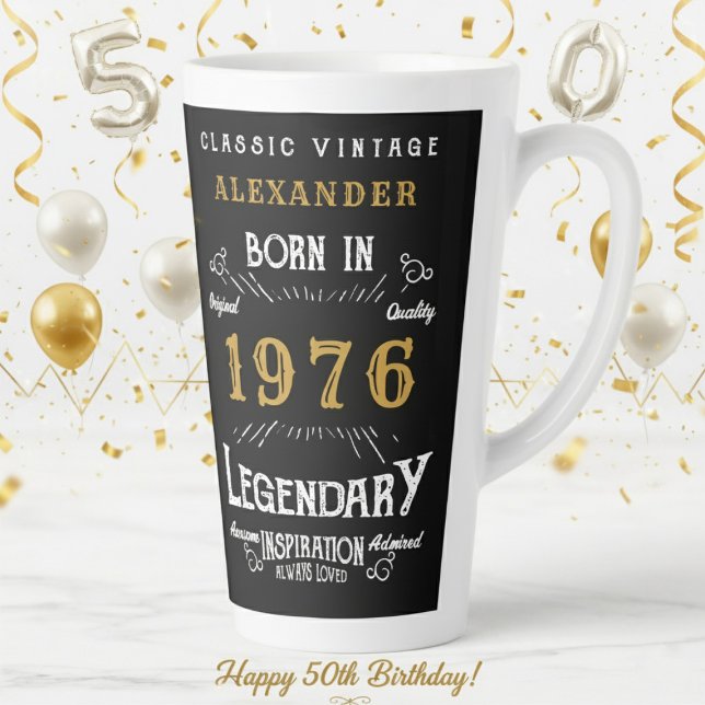 Tasse Latte 50th Birthday 1976 Legendary Retro (1976 latte mug on a white and gold background)