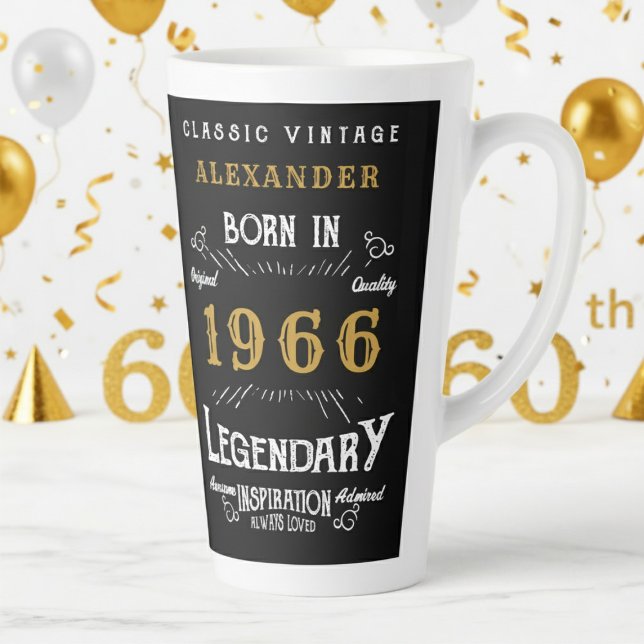 Tasse Latte 60e anniversaire 1966 Rétro légendaire (1966 latte mug on a white and gold background)