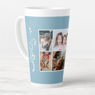 Tasse Latte 6 Collage de photos Feuillage Bleu Noël Famille