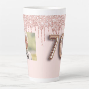 Tasse Latte 70e anniversaire photo rose or parties scintillant