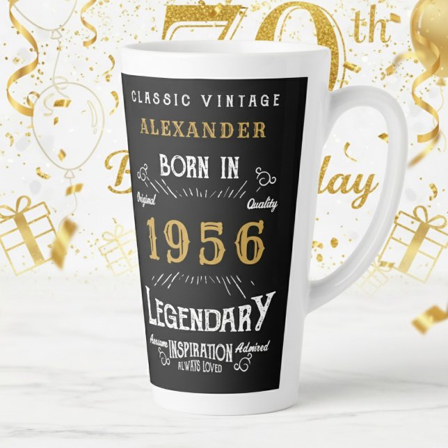 Tasse Latte 70th Birthday 1956 Legendary Retro (1956 latte mug on a white and gold background)