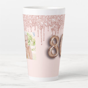 Tasse Latte 80e anniversaire photo rose or parties scintillant