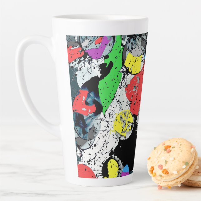 Tasse Latte Abstrait Doodle Art Bleu Blanc Noir (En situation)