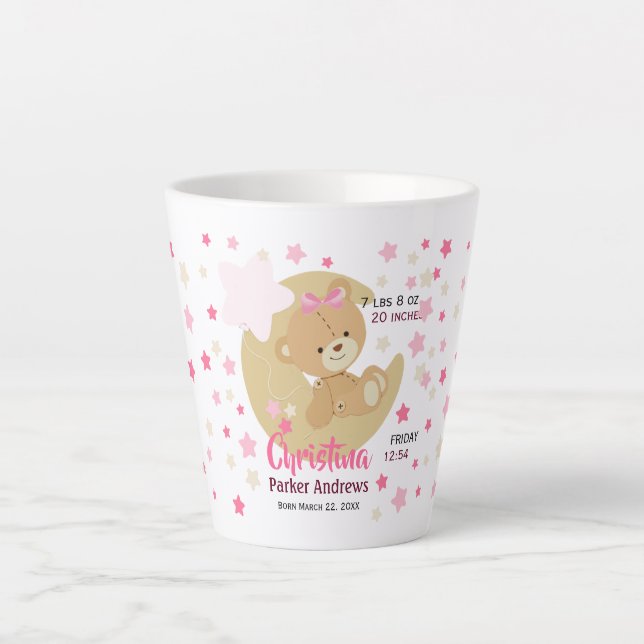 Tasse Latte Adorable Teddy Bear Baby Girl Stats de naissance (Devant)
