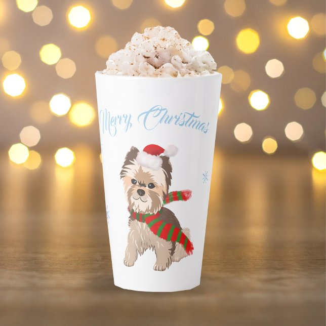 Tasse Latte Adorable Yorkie De Noël À Santa Hat Snowflakes (Festive furball, sip and smile, Yule love this merry mug!)