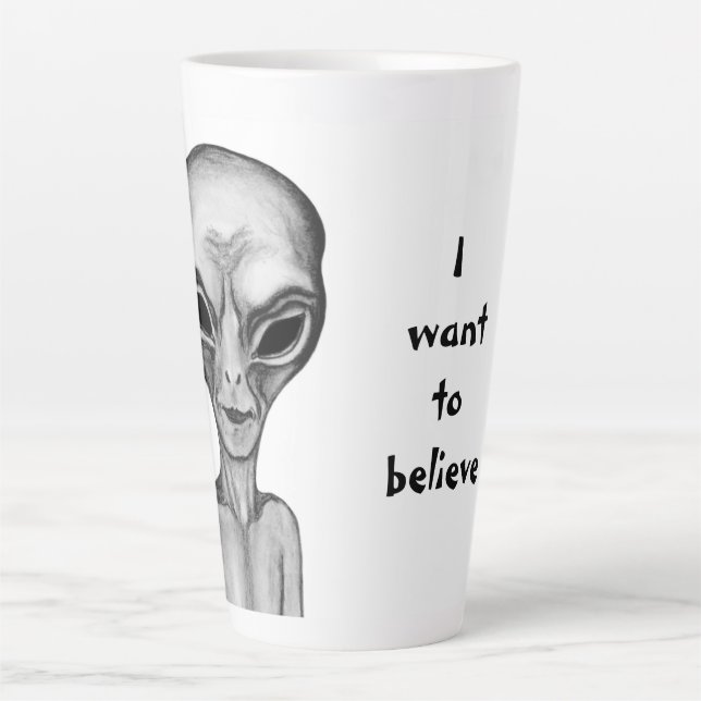 Tasse Latte Alien gris, je veux croire (Devant)