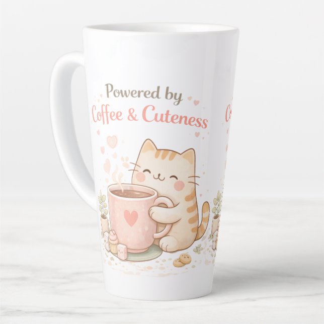 Tasse Latte Alimenté par Café & Mignonnerie Chat Mignon Crème  (Angle gauche)