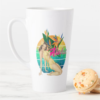 Tasse Latte Aloha Tropical Pin-up fille retro coucher de solei
