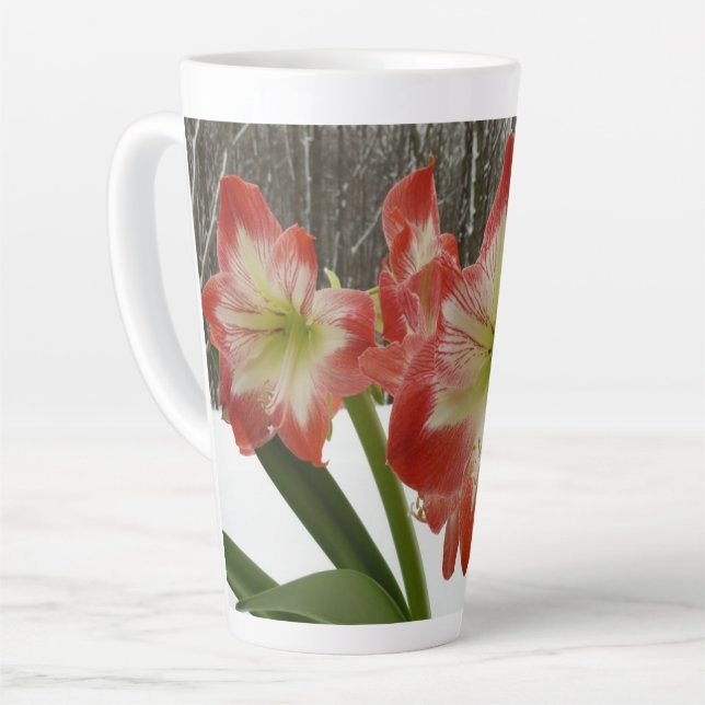 Tasse Latte Amaryllis en Fête Rouge Neige Hiver Floral (Angle gauche)