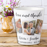 Tasse Latte Amour & Merci Elegant 3 Photo Bride Mariage de cha<br><div class="desc">Ajoutez la touche finale à votre mariage avec ces tasses de latte photo personnalisées amusantes. Parfait comme les faveurs de mariage à tous vos invités. Customisez ces faveurs de mariage avec votre photo mariage préférée, photo nouvellement mariée, et personnalisez avec le nom et la date. Consultez notre collection de mariages...</div>
