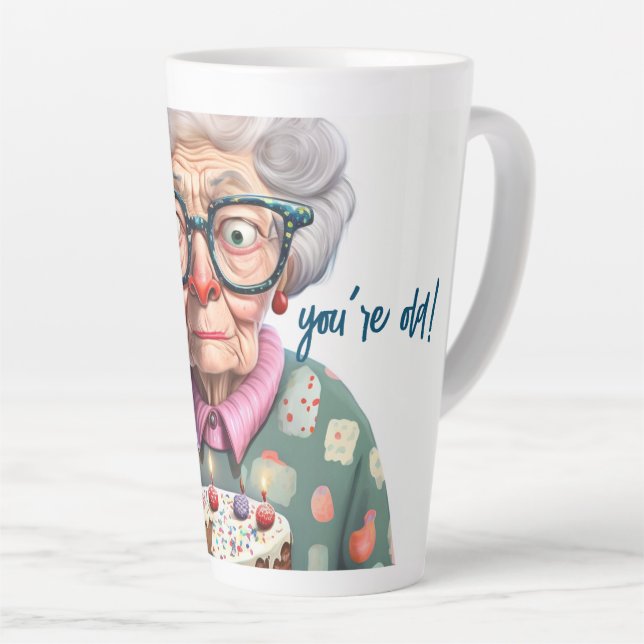 Tasse Latte Amusante Vielle Lady Chat Anniversaire Dernière Mu (Angle droit)