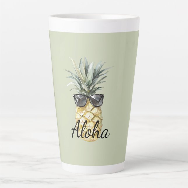 Tasse Latte Ananas Tropical Aloha avec Lunettes de Soleil (Devant)