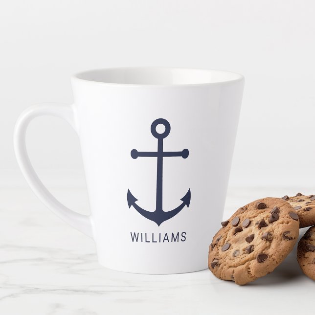 Tasse Latte Ancre bleu marine moderne avec nom personnalisé (Créateur téléchargé)