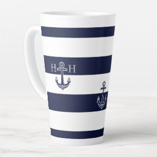 Tasse Latte Ancre Bleue marine  côtière Monogramme Café