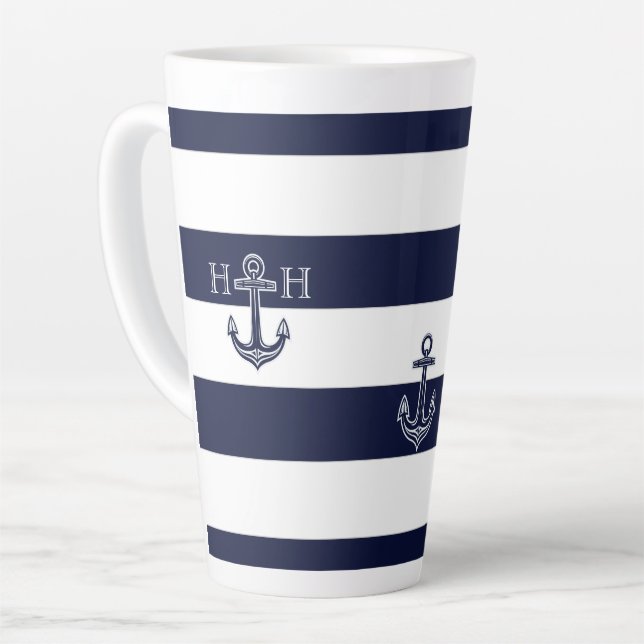 Tasse Latte Ancre Bleue marine  côtière Monogramme Café (Angle gauche)