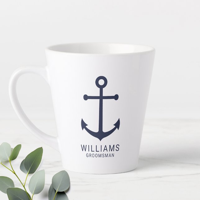 Tasse Latte Ancre Bleue Marine Nautique Groomsmen Personnalisé (Créateur téléchargé)