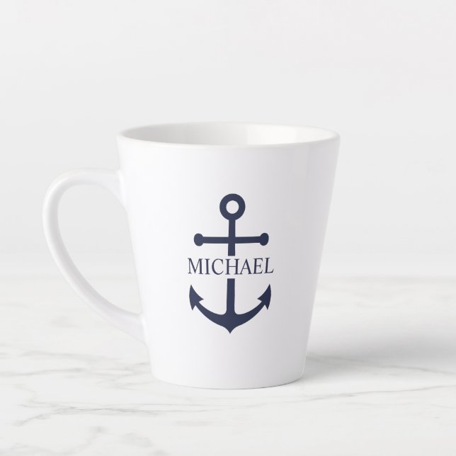 Tasse Latte Ancre bleue marine Nom personnalisé (Gauche)
