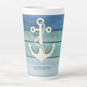 Tasse Latte Ancre en bois bleu turquoise nautique
