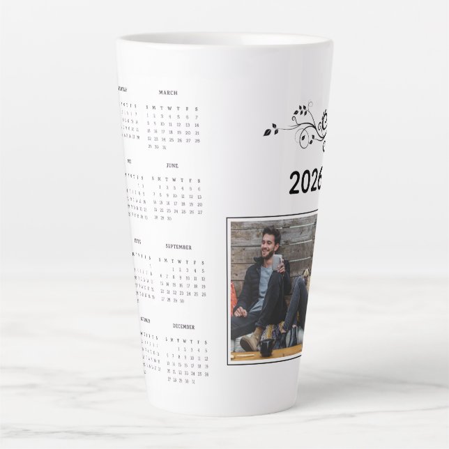 Tasse Latte Année moderne 2026 Calendrier photo avec feuillage (Devant)