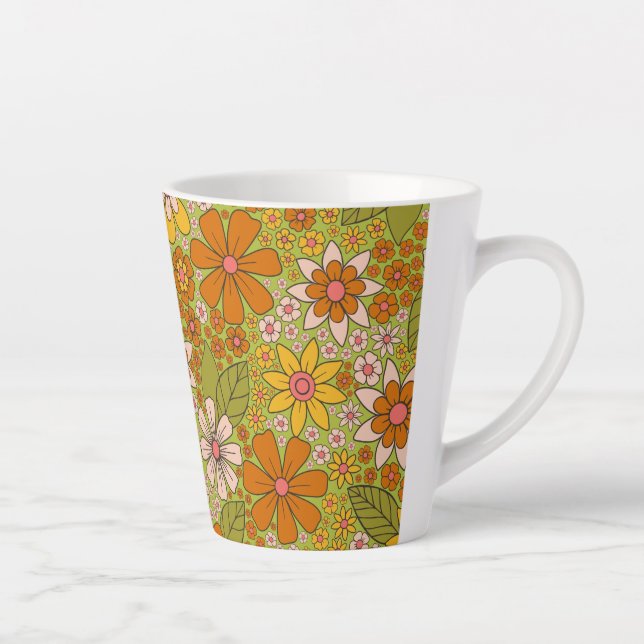 Tasse Latte Années 1960, 1970 Vert & Orange Retro Floral (Droite)