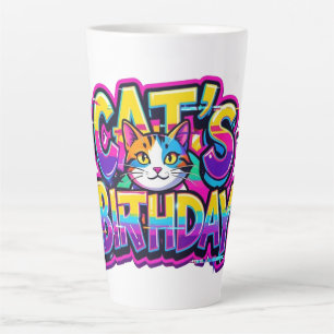 Tasse Latte Anniversaire de chat Arc-en-ciel Glitch