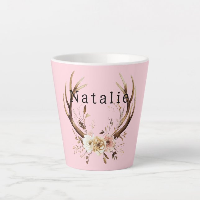Tasse Latte Antlers de cerfs de fleurs roses Personnalisés (Devant)