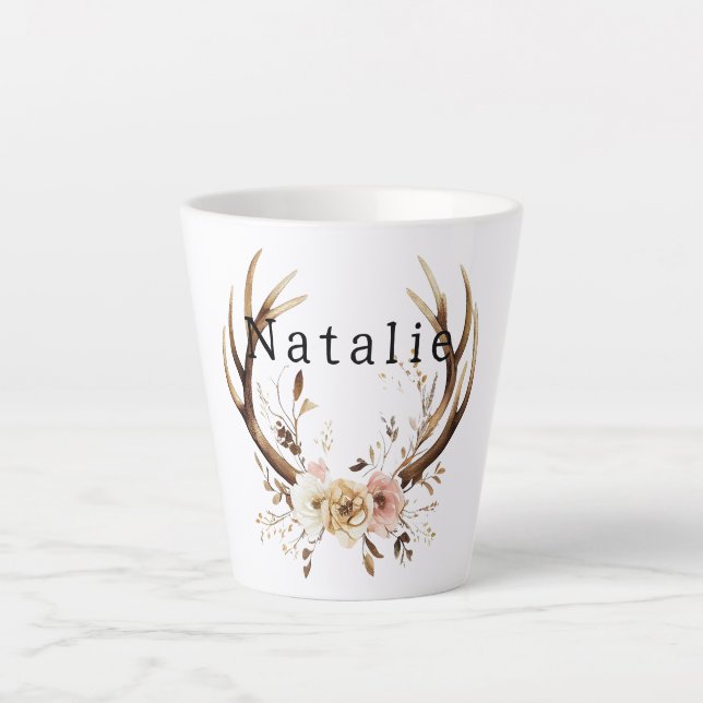 Tasse Latte Antlers de Cerfs Floraux Roses Blanches Personnali (Devant)