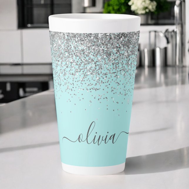 Tasse Latte Aqua Bleu Turquoise Argent Paillettes Monogramme (Créateur téléchargé)