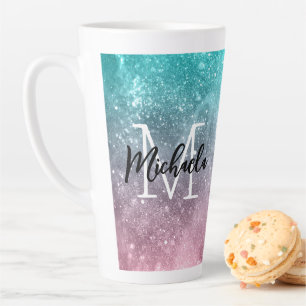 Tasse Latte Aqua blue Pink ombre mer galaxie abstraite Monogra