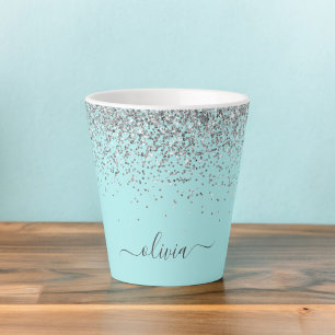 Tasse Latte Aqua Blue Teal Argent Paillettes Monogramme